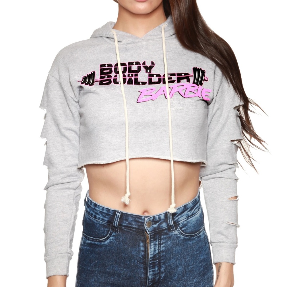 Kameron Michaels Body Builder Barbie Grey Crop Hoodie